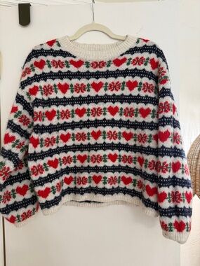 Old Navy Cozy Crewneck Heart & Floral Fair Isle Sweater - Cream/Red/Blue